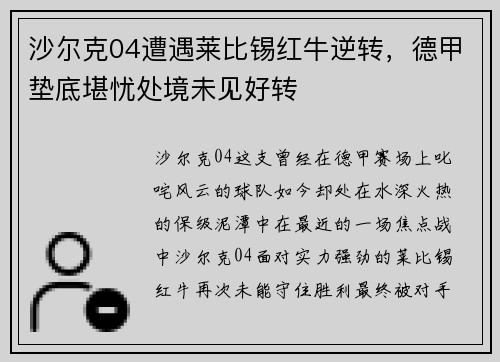 沙尔克04遭遇莱比锡红牛逆转，德甲垫底堪忧处境未见好转